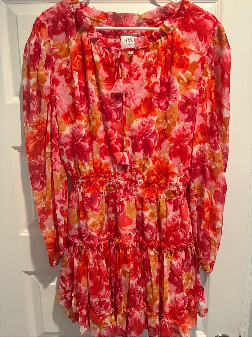 MISA Los Angeles Pink Floral Long Sleeve Mini Dress Size Small Boho Ruffle